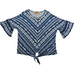 Ruby Rd Blue Tie-Dye Boho Blouse Shell Neck Tie Front Flutter Sleeve Women's PM